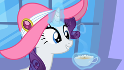 Size: 1280x720 | Tagged: safe, screencap, rarity, pony, unicorn, sweet and elite, canterlot, cup, cute, female, hat, magic, mare, smiling, solo, teacup