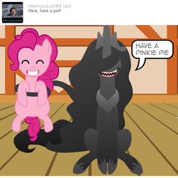 Size: 540x540 | Tagged: safe, artist:aha-mccoy, pinkie pie, oc, oc:anonlestia, pony, nopony-ask-mclovin, ask, holding a pony, speech bubble, tumblr