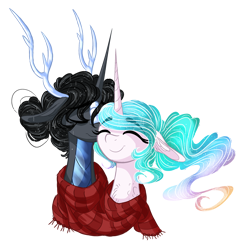 Size: 1600x1566 | Tagged: safe, artist:australian-senior, princess celestia, oc, oc:arlon invictus, alicorn, kirin, pony, alternate universe, announcer (portal), antlers, bust, canon x oc, clothes, female, kirindos, male, scales, scarf, shared clothing, shared scarf, shipping, simple background, straight, transparent background