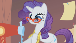 Size: 1280x720 | Tagged: safe, screencap, rarity, pony, unicorn, suited for success, art of the dress, carousel boutique, female, mare, measure tape, messy mane, rarity's glasses, sewing machine, solo