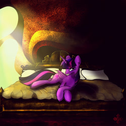 Size: 1500x1500 | Tagged: safe, artist:pedrohander, derpibooru import, twilight sparkle, twilight sparkle (alicorn), alicorn, pony, bed, bedroom, colored, digital art, female, mare, prone, solo