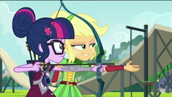 Size: 1920x1080 | Tagged: safe, screencap, applejack, sci-twi, twilight sparkle, equestria girls, friendship games, archery, arrow, bow (weapon), bow and arrow, dat face, weapon