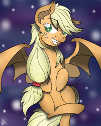 Size: 1024x1271 | Tagged: safe, artist:theartistsora, applejack, bat pony, pony, applebat, bat ponified, flying, grin, race swap, solo