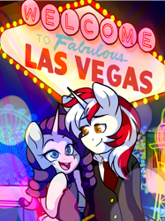 Size: 2688x3600 | Tagged: safe, artist:twisted-sketch, rarity, oc, pony, unicorn, canon x oc, clothes, commission, dress, female, las vegas, male, mare, smiling, stallion, straight