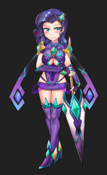 Size: 800x1309 | Tagged: safe, artist:tzc, rarity, human, armor, black background, blade, boob window, breasts, cleavage, clothes, cosplay, costume, crossover, female, humanized, pyra, simple background, solo, sword, unconvincing armor, weapon, xenoblade chronicles, xenoblade chronicles 2