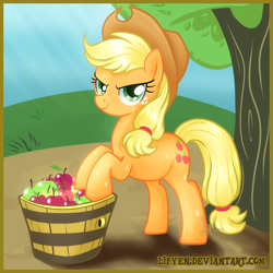 Size: 1200x1200 | Tagged: safe, artist:lifyen, applejack, earth pony, pony, apple, looking at you, solo, sweat