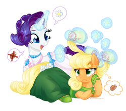 Size: 950x840 | Tagged: dead source, safe, artist:licora, idw, applejack, rarity, earth pony, pony, unicorn, friends forever, applejack also dresses in style, clothes, dress, flower, frown, hair curlers, levitation, magic, makeover, simple background, transparent background