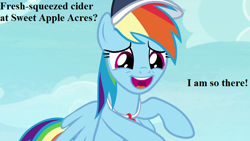 Size: 800x450 | Tagged: safe, derpibooru import, edit, edited screencap, screencap, rainbow dash, pegasus, pony, 2 4 6 greaaat, bronybait, cider dash, cute, dashabetes, happy, hat, speech, whistle