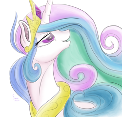 Size: 1024x980 | Tagged: safe, artist:firimil, princess celestia, alicorn, pony, beautiful, best princess, bust, crown, ethereal mane, female, flowing mane, jewelry, lidded eyes, looking up, mare, multicolored mane, open mouth, peytral, praise the sun, purple eyes, regalia, simple background, solo, tiara