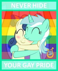 Size: 624x768 | Tagged: safe, artist:artpwny, artist:bronybyexception, artist:hawk9mm, artist:vladimirmacholzraum, bon bon, lyra heartstrings, sweetie drops, earth pony, pony, unicorn, adorabon, blushing, cute, eyes closed, female, gay pride, gay pride flag, hug, lesbian, lyrabetes, lyrabon, mouthpiece, positive ponies, pride, shipping, smiling