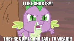 Size: 1536x857 | Tagged: safe, edit, edited screencap, screencap, spike, dragon, caption, clothes, image macro, mouthpiece, out of context, pokémon, shorts, solo, spike drama, text