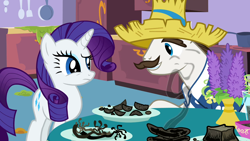 Size: 1280x720 | Tagged: safe, screencap, hondo flanks, rarity, pony, unicorn, sisterhooves social, burnt, duo