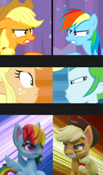 Size: 1229x2084 | Tagged: safe, derpibooru import, edit, screencap, applejack, rainbow dash, earth pony, pegasus, pony, a trivial pursuit, better together, equestria girls, my little pony: pony life, my little pony: stop motion short, pillow fight (short), a queen of clubs, comparison, confrontation, pillow