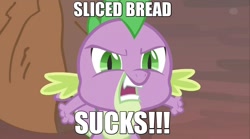 Size: 1536x857 | Tagged: safe, spike, dragon, bread, image macro, meme, mouthpiece, sliced bread, solo, spike drama, text