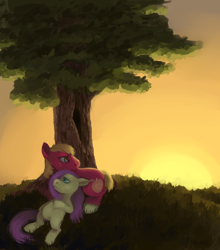 Size: 2212x2518 | Tagged: safe, artist:xiao668, big macintosh, fluttershy, earth pony, pegasus, pony, fluttermac, hill, male, sad, shipping, sitting, stallion, straight, sunset, tree