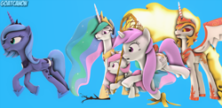 Size: 3840x1868 | Tagged: safe, artist:goatcanon, daybreaker, princess celestia, princess luna, alicorn, pony, 3d, banana peel, blue background, cewestia, chase, lazytown, meme, net, pink mane, s1 luna, simple background, source filmmaker, tree branch, we are number one, young celestia