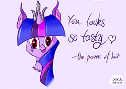 Size: 1024x724 | Tagged: safe, artist:hhl-skylonelysnow, derpibooru import, twilight sparkle, twilight sparkle (alicorn), alicorn, bat pony, pony, licking lips, race swap, solo