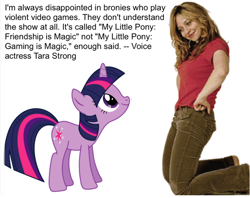 Size: 600x475 | Tagged: safe, derpibooru import, twilight sparkle, background pony strikes again, drama bait, fake, moms against gaming, mouthpiece, op is a cuck, op is trying to start shit, poe's law, seems legit, spiderman thread, tara strong, video game