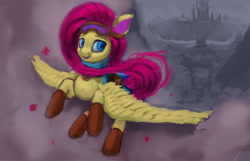 Size: 1910x1230 | Tagged: safe, artist:lmgchikess, fluttershy, pegasus, pony, cloud, flying, goggles, solo, wip