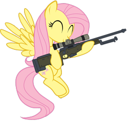 Size: 1260x1200 | Tagged: safe, artist:filipinoninja95, fluttershy, pegasus, pony, arctic warfare, cutie mark, eyes closed, female, flying, gun, hooves, mare, optical sight, rifle, simple background, smiling, sniper, sniper rifle, snipershy, solo, spread wings, transparent background, vector, weapon, wings