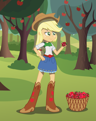 Size: 2361x3000 | Tagged: safe, artist:amante56, artist:matty4z, applejack, equestria girls, apple, basket, boots, clothes, cowboy boots, cowboy hat, denim skirt, freckles, hand on hip, hat, heart, roses and hearts 2015, skirt, solo, stetson