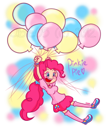 Size: 1100x1330 | Tagged: safe, artist:abie05, pinkie pie, human, balloon, clothes, cute, diapinkes, humanized, mary janes, shoes, skirt, socks, solo, then watch her balloons lift her up to the sky