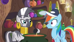 Size: 1920x1080 | Tagged: safe, derpibooru import, screencap, rainbow dash, zecora, pegasus, pony, zebra, 2 4 6 greaaat, cap, cauldron, hat, whistle