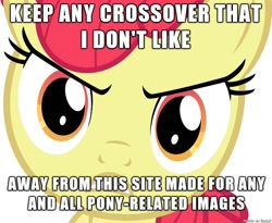 Size: 610x501 | Tagged: safe, apple bloom, angry, derpibooru, image macro, meta, mouthpiece, satire, solo