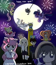 Size: 771x900 | Tagged: safe, artist:bubblehun, derpibooru import, fluttershy, twilight sparkle, twilight sparkle (alicorn), oc, alicorn, cat, dog, human, incubator (species), panda, pony, rabbit, adventure time, crossover, female, finn the human, garnet, happy new year, homura akemi, jake the dog, jewelpet, kyubey, labra, littlest pet shop, mare, non-mlp oc, penny ling, puella magi madoka magica, pusheen, ruby, sango, sanrio, sapphie, sega, shugo chara, stormy