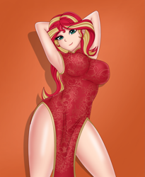 Size: 1701x2073 | Tagged: safe, artist:anonix123, sunset shimmer, human, adorasexy, arm behind head, big breasts, breasts, cheongsam, chinese dress, clothes, cute, dress, female, humanized, legs, looking at you, orange background, red dress, sexy, side slit, simple background, smiling, solo, sunset jiggler, thighs