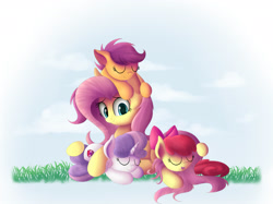 Size: 2200x1646 | Tagged: safe, artist:vanillaghosties, apple bloom, fluttershy, scootaloo, sweetie belle, pegasus, pony, adorabloom, cute, cutealoo, cutie mark, cutie mark crusaders, diasweetes, eyes closed, open mouth, shyabetes, the cmc's cutie marks