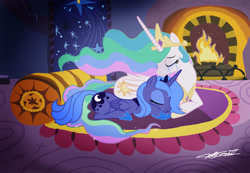 Size: 2177x1504 | Tagged: safe, artist:willisninety-six, princess celestia, princess luna, alicorn, pony, crying, fanfic in the description, female, fireplace, royal sisters, s1 luna, siblings, sisters
