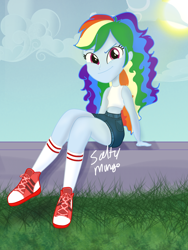 Size: 1500x2000 | Tagged: safe, artist:saltymango, derpibooru import, rainbow dash, equestria girls, alternate clothes, alternate hairstyle, converse, cute, dashabetes, looking at you, shoes, sitting, solo