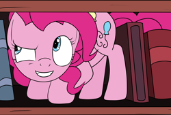 Size: 2000x1352 | Tagged: safe, artist:php47, pinkie pie, earth pony, pony, pinkie apple pie, bookshelf, pink horse daily, scene interpretation, solo