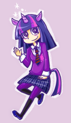 Size: 345x598 | Tagged: safe, artist:rirom, derpibooru import, twilight sparkle, human, clothes, eared humanization, horned humanization, humanized, miniskirt, necktie, school uniform, schoolgirl, shirt, skirt, slippers, solo, sweater, tailed humanization, tights