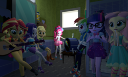 Size: 5120x3072 | Tagged: safe, artist:n3onh100, applejack, fluttershy, pinkie pie, rainbow dash, rarity, sci-twi, sunset shimmer, twilight sparkle, equestria girls, 3d, acoustic guitar, antagonist, bathroom, guitar, humane five, humane seven, humane six, meme origin, musical instrument, tambourine