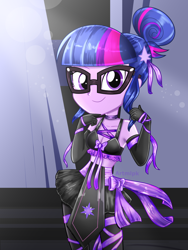 Size: 1800x2400 | Tagged: safe, artist:artmlpk, sci-twi, twilight sparkle, equestria girls, adorable face, adorasexy, adorkable, alternate hairstyle, bare chest, bare shoulders, beautiful, beret, black skirt, boots, bow, choker, clothes, costume, cute, design, digital art, dork, evening gloves, female, gloves, hair bun, hat, long gloves, looking at you, midriff, ninja, outfit, ribbon, sexy, shoes, skirt, sleeveless, smiling, smiling at you, socks, solo, sports bra, thigh boots, thigh highs, thighs, twiabetes, watermark
