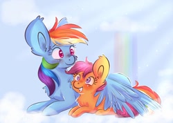 Size: 1058x755 | Tagged: safe, artist:compassrose0425, derpibooru import, rainbow dash, scootaloo, pegasus, pony, sleepless in ponyville, blushing, cloud, hug, rainbow, scootalove, winghug