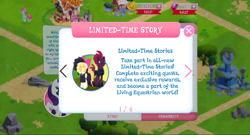 Size: 1024x553 | Tagged: safe, cup cake, rarity, songbird serenade, tempest shadow, pony, unicorn, my little pony: the movie, bits, game screencap, gameloft, gem, limited-time story, pixelated, ruins, sugarcube corner, text