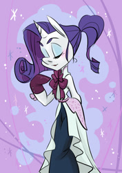 Size: 620x874 | Tagged: safe, artist:yyhands, rarity, anthro, unicorn, abstract background, alternate hairstyle, arm hooves, blushing, clothes, dress, eyes closed, eyeshadow, female, gloves, makeup, ponytail, solo