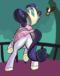 Size: 472x600 | Tagged: artist needed, safe, rarity, bird, pony, unicorn, camping outfit, clothes, female, glasses, plot, sparrow