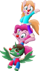 Size: 2144x3749 | Tagged: safe, artist:orcbrother, pinkie pie, oc, oc:frost d. tart, oc:magenta paws, alicorn, pony, alicorn oc, balancing, clown, clown nose, simple background, transparent background