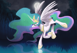 Size: 3194x2216 | Tagged: safe, artist:adailey, princess celestia, alicorn, pony, eyes closed, female, flying, mare, moon, night, pond, reflection, solo, water