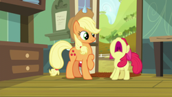 Size: 1280x720 | Tagged: safe, screencap, apple bloom, applejack, earth pony, pony, brotherhooves social, nose in the air, open mouth, raised hoof, uvula, volumetric mouth