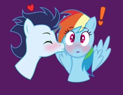 Size: 1018x785 | Tagged: safe, artist:twiligtkitty, derpibooru import, rainbow dash, soarin', pegasus, pony, blushing, female, heart, kiss on the cheek, kissing, male, shipping, soarindash, straight