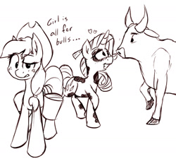 Size: 1280x1166 | Tagged: safe, artist:emberkaese, applejack, rarity, bull, cow, monochrome, raricow, species swap