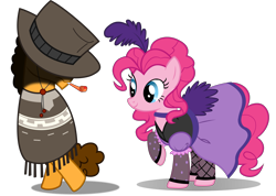 Size: 3519x2500 | Tagged: safe, artist:dashiesparkle, edit, cheese sandwich, pinkie pie, earth pony, pony, over a barrel, pinkie pride, absurd resolution, castle creator, cheesepie, clothes, crossed hooves, dress, female, inkscape, male, official, party horn, ponyscape, raised hoof, saloon dress, saloon pinkie, shadow, shipping, simple background, stockings, straight, the pony with no name, thigh highs, transparent background, vector