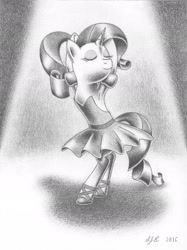 Size: 2246x2999 | Tagged: safe, artist:europeandragon, rarity, pony, unicorn, alternate hairstyle, armpits, ballerina, ballet, ballet slippers, beautiful, bipedal, black and white, clothes, cute, diabetes, elegant, en pointe, eyes closed, grayscale, majestic, monochrome, pirouette, ponytail, raribetes, raririna, shoes, smiling, spotlight, tutu