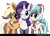 Size: 900x644 | Tagged: safe, artist:clouddg, applejack, coco pommel, rarity, earth pony, pony, unicorn, blushing, cocobetes, cute, ear fluff, group, group hug, jackabetes, one eye closed, raribetes, side hug, signature, simple background, smiling, transparent background, wink