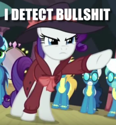 Size: 630x678 | Tagged: safe, edit, edited screencap, screencap, fleetfoot, high winds, lightning streak, rarity, soarin', pony, unicorn, rarity investigates, bullshit, cropped, image macro, meme, pointing, reaction image, vulgar, wonderbolts